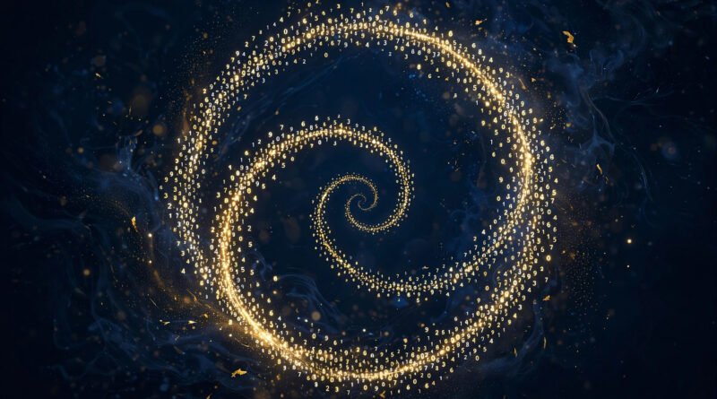 Abstract artwork of pi's endless digits spiraling into a glowing circle, illustrating the pi123 hunt