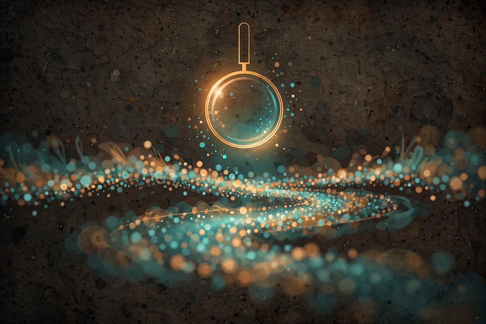 Magnifying lens hovering over a stream of pi digits, searching for the sequence 123