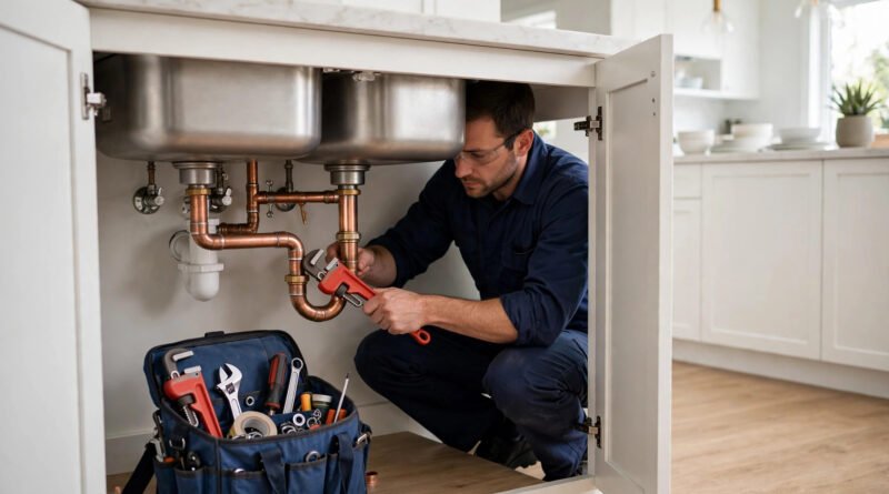 Professional plumber repairing copper pipes under a kitchen sink with a pipe wrench