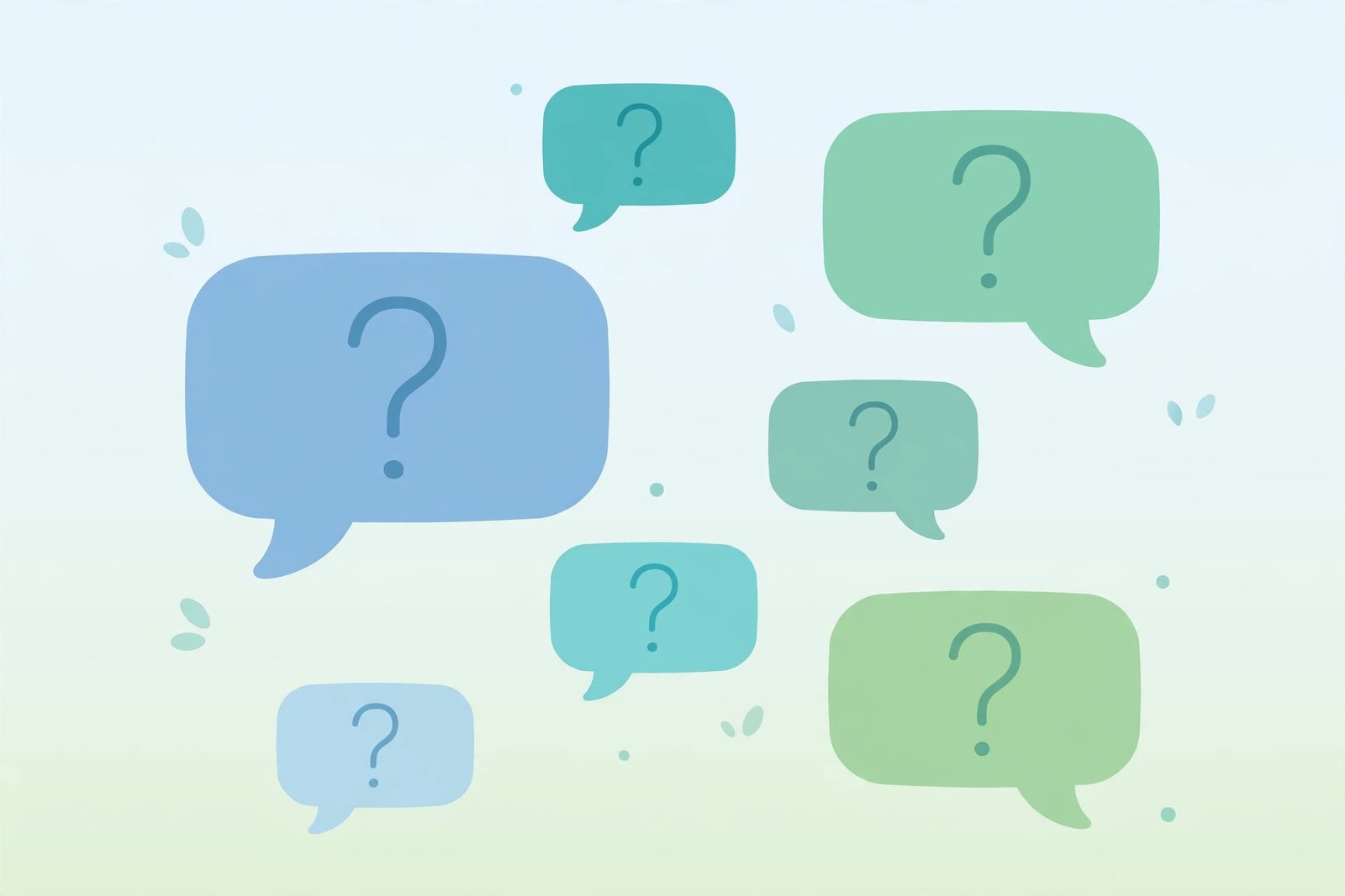 Friendly question mark speech bubbles representing common reader questions
