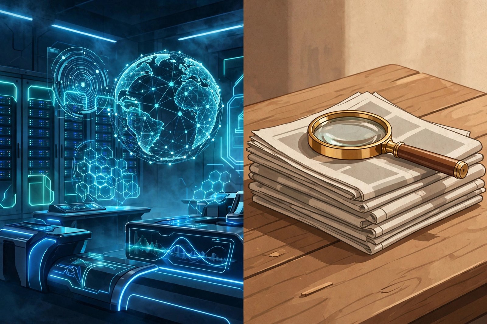 Illustration contrasting a futuristic server control room with a simple stack of newspapers