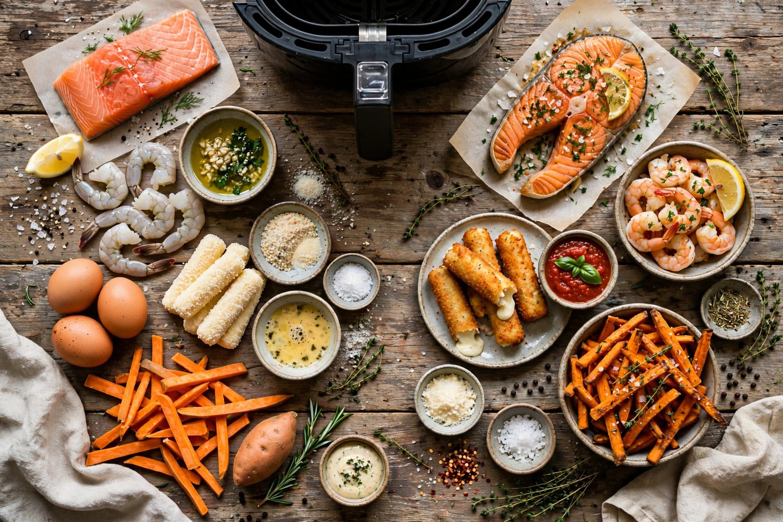 Easy air fryer recipes ingredients and finished dishes