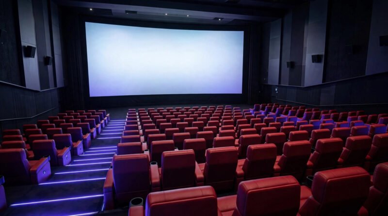 Inside a modern cinema auditorium with rows of red stadium seats facing a large glowing movie screen