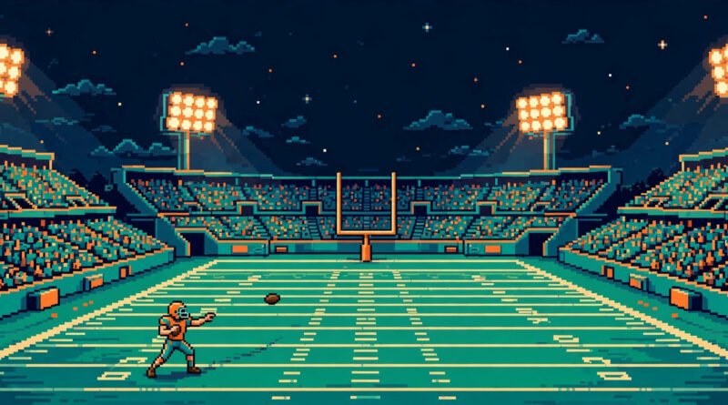 Retro Bowl Unblocked Games 76 pixel-art football stadium at night