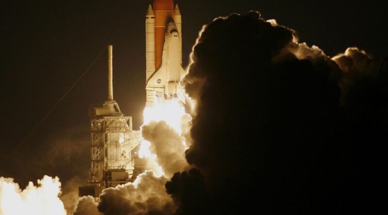firefly aerospace stock — dramatic rocket launch into the night sky, shrouded in smoke