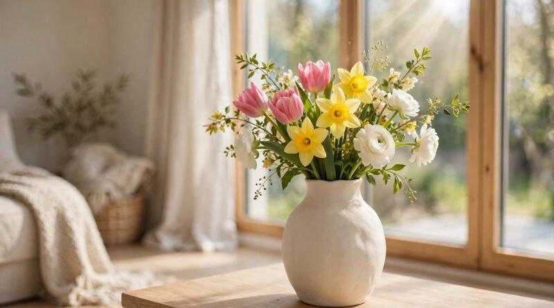 Handmade cream ceramic spring vase with pink tulips, yellow daffodils and white ranunculus on a wooden coffee table in a sunlit living room