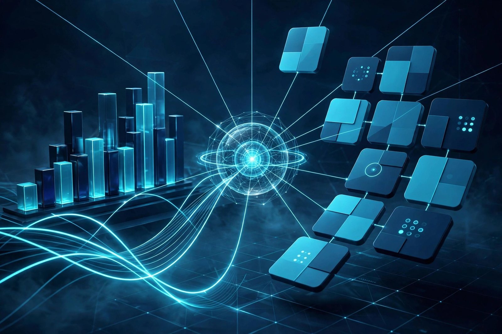 Abstract analytics dashboard visual showing engagement data for a social media content hub
