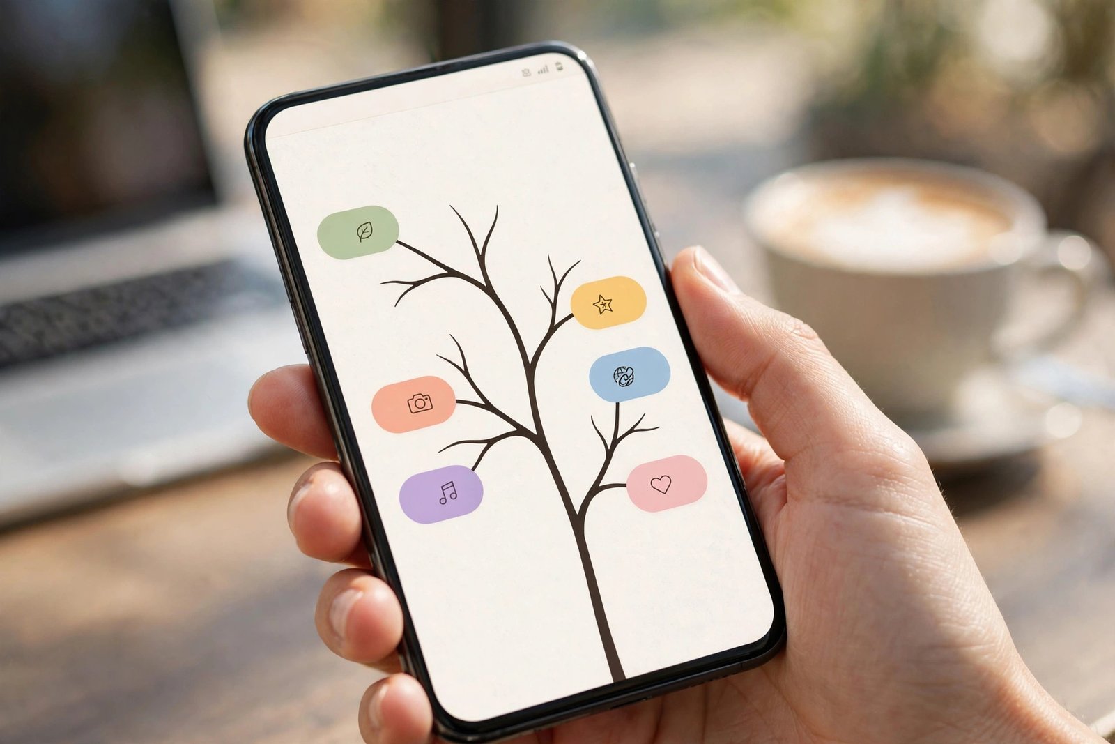 Hand holding smartphone displaying a tree-style social media link hub page