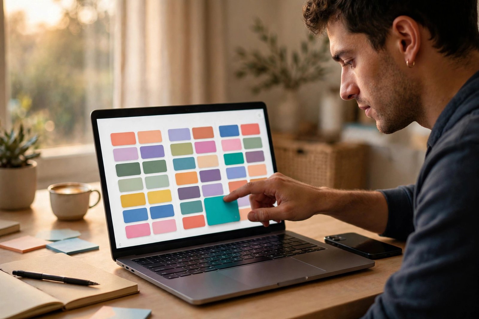 Creator organizing social media content cards into sections on a laptop for an EmbedTree-style hub
