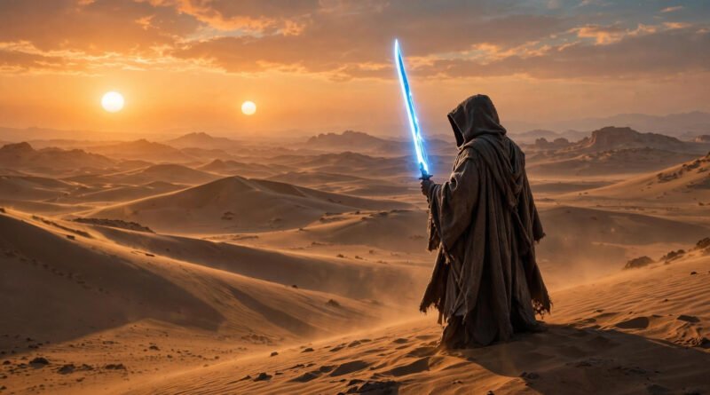 Hooded warrior holding a glowing blue energy blade under twin suns in a desert at sunset, inspired by iconic Star Wars characters