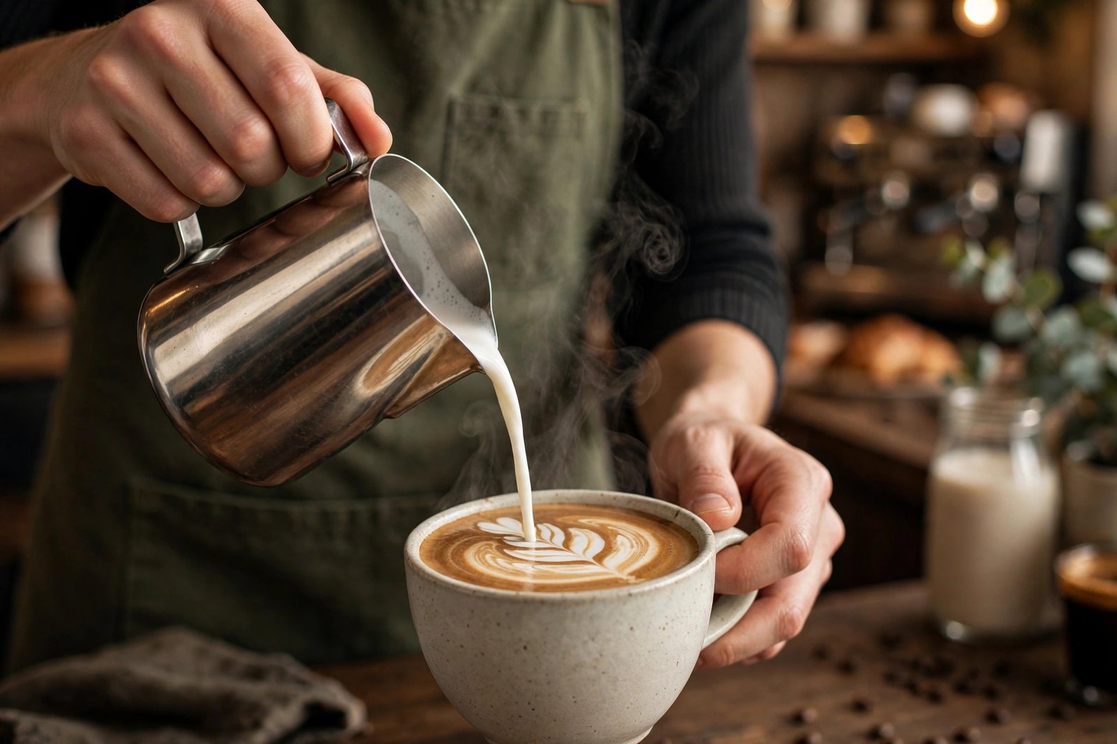 Barista pouring latte art at a coffee bar for hot Starbucks drinks
