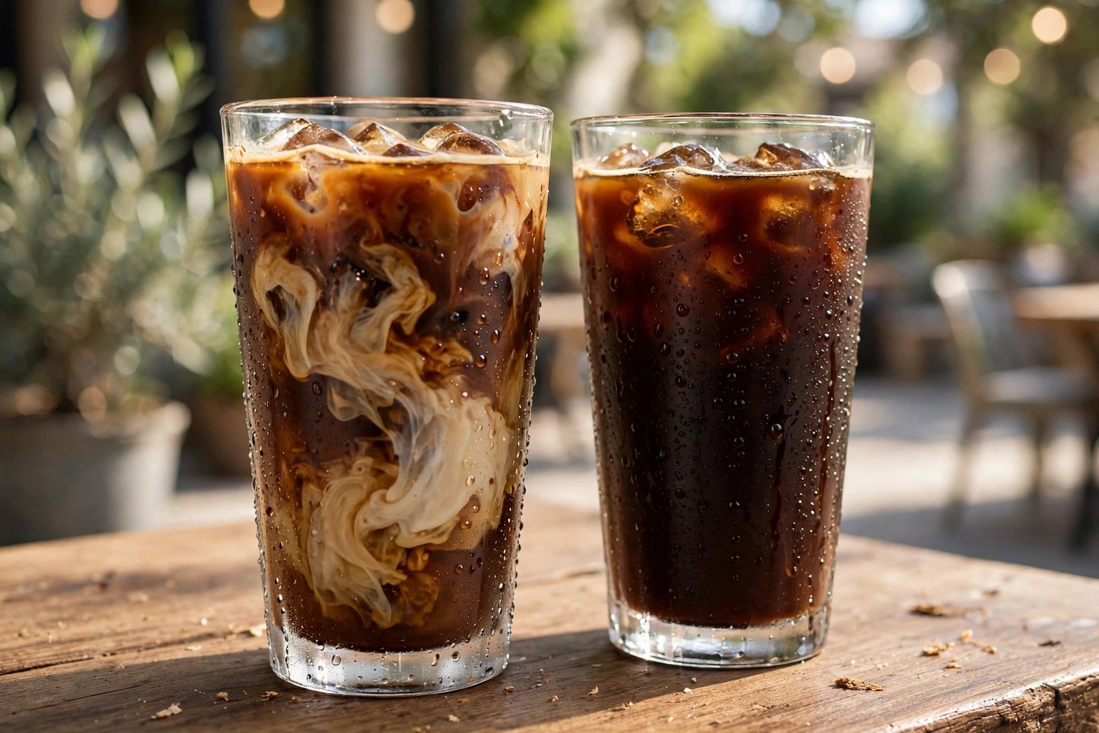 Iced cold brew Starbucks drinks with oat milk swirling through espresso over ice