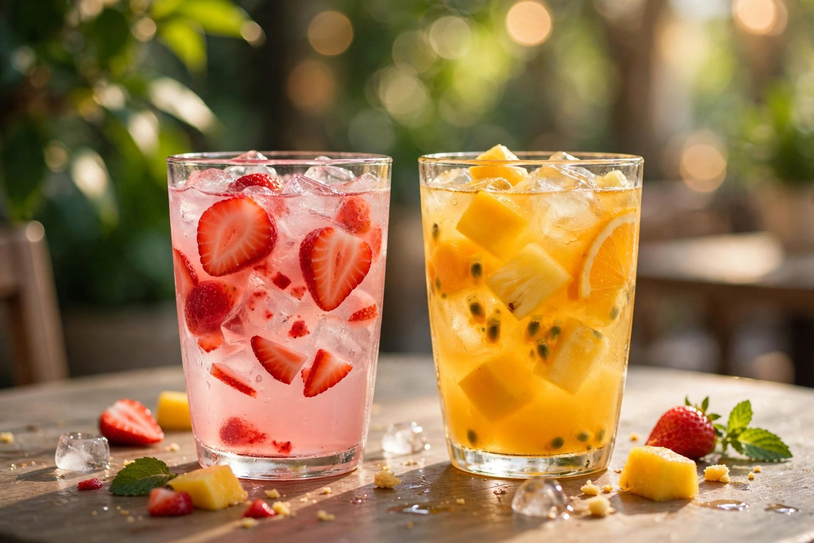 Colorful Starbucks Refreshers and iced fruit tea drinks on a summer table