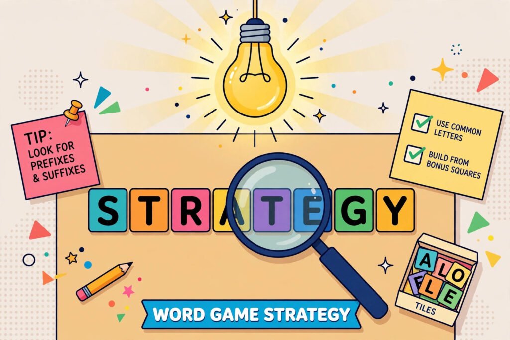 Infinite Wordle strategy tips with letter tiles and magnifying glass
