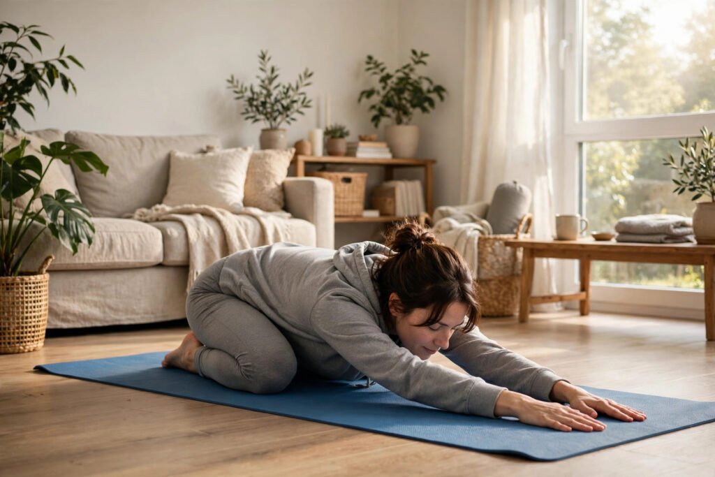 Woman doing child's pose stretch for lower back pain relief on a yoga mat at home