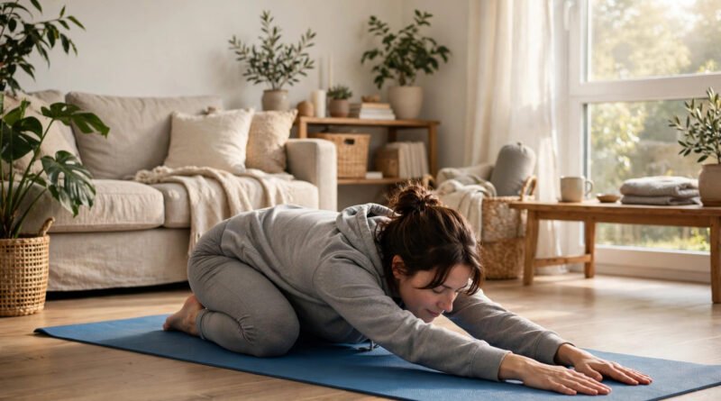 Woman doing child's pose stretch for lower back pain relief on a yoga mat at home