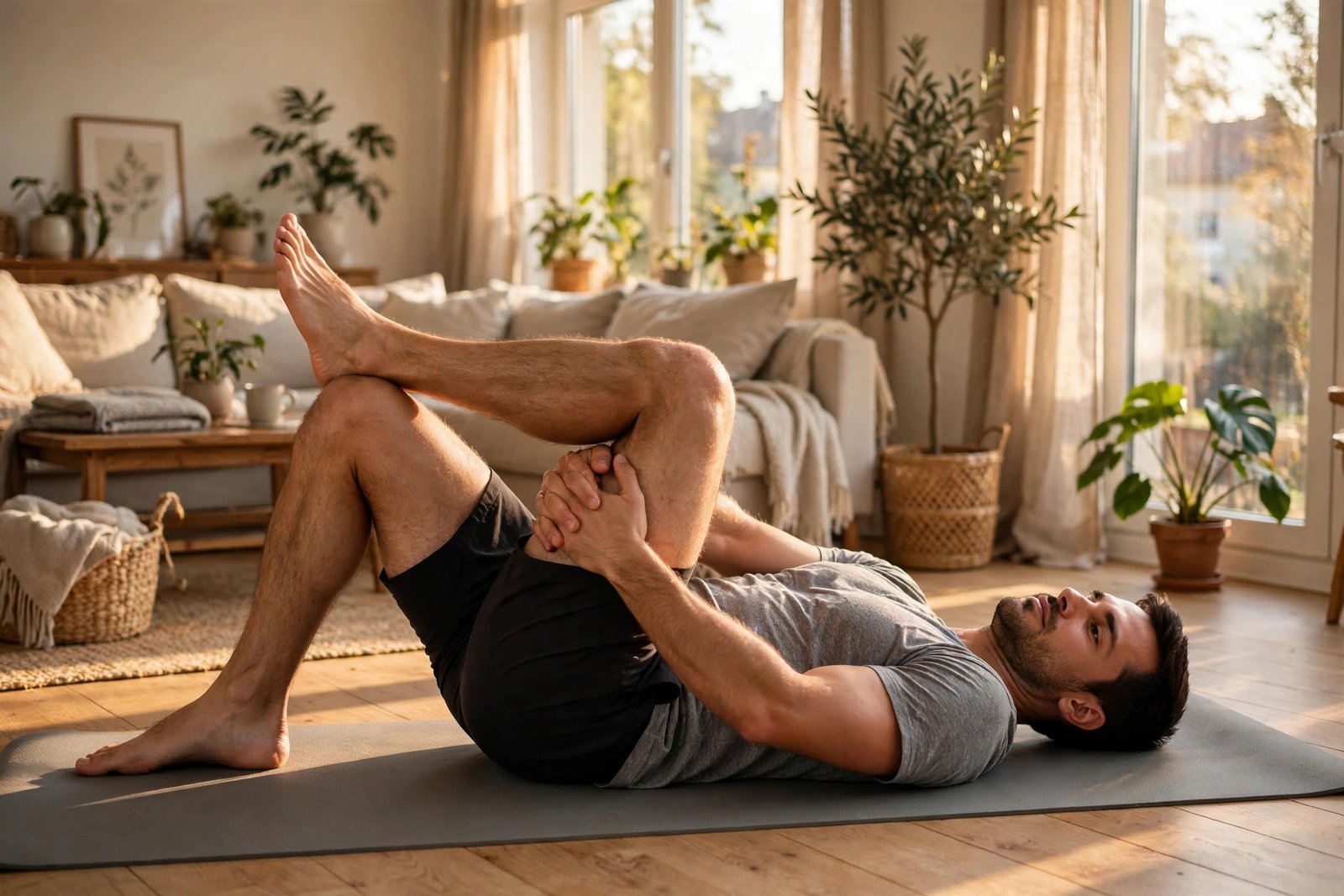 Man doing the figure-four glute stretch for lower back pain relief