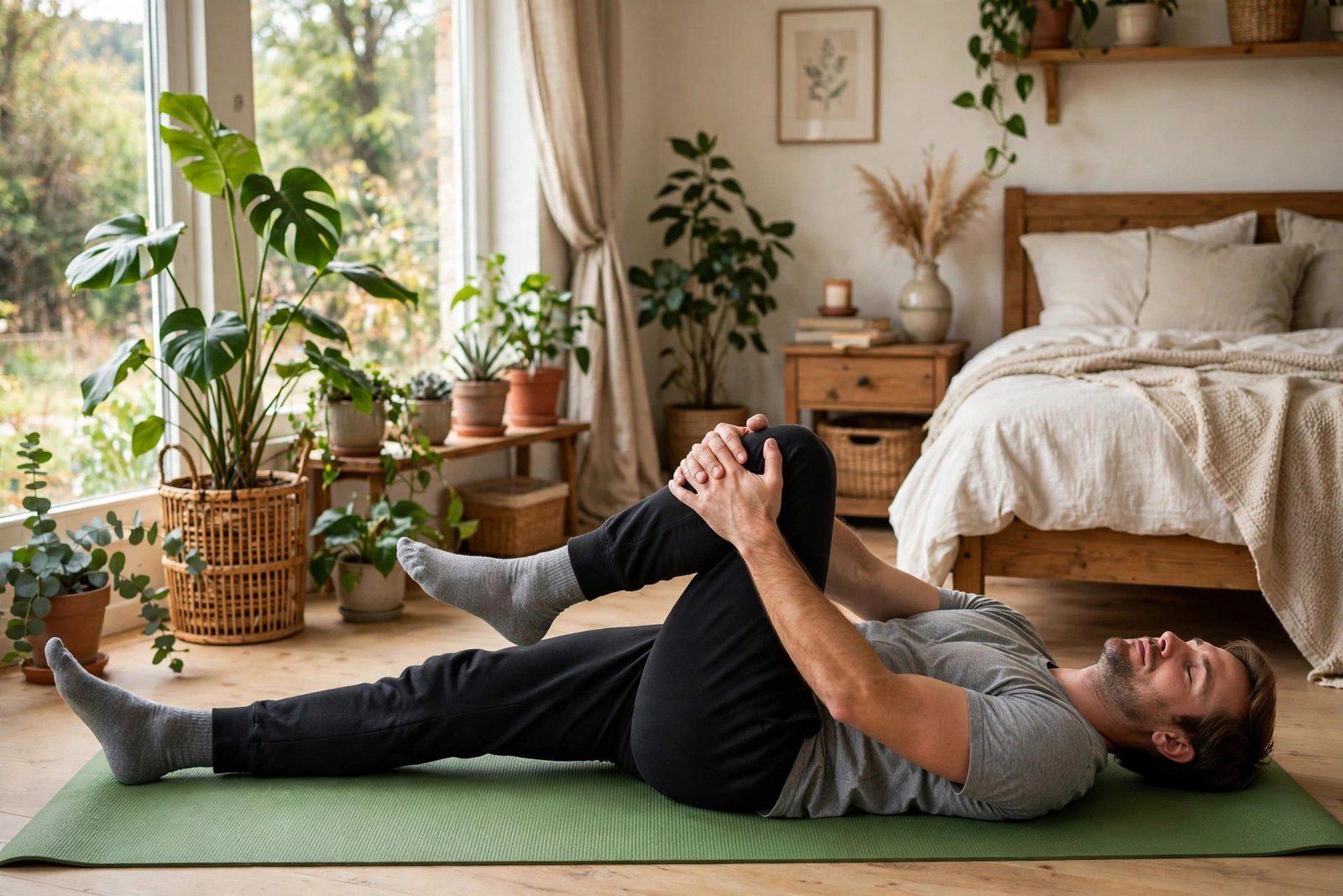 Man doing the knee-to-chest stretch for lower back pain on a yoga mat