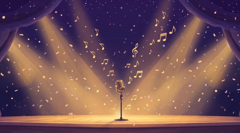 Concert stage with vintage microphone and golden spotlights — Taylor Swift Heardle game guide