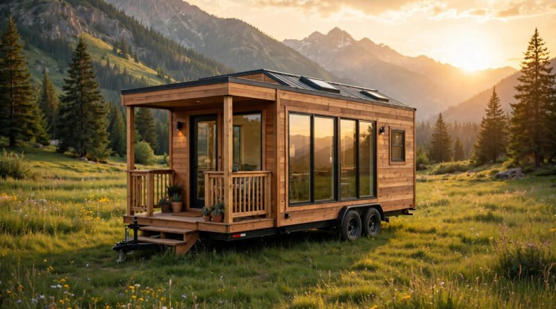 Modern tiny house on wheels with wooden siding in a meadow at sunset