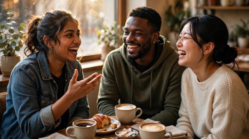 Three friends laughing and chatting over coffee at a cafe table in warm sunlight