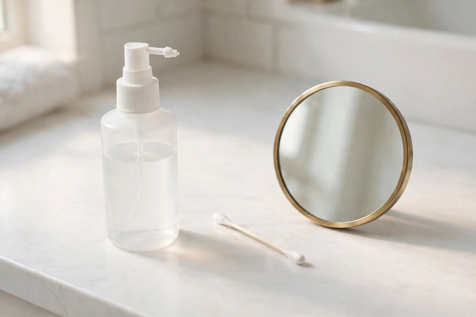 Sterile saline spray bottle and cotton swab for the tragus piercing aftercare cleaning routine
