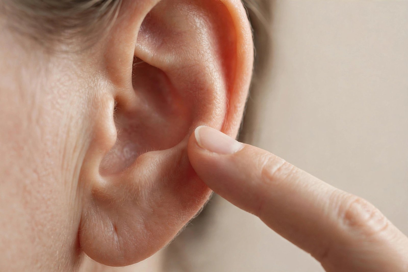 Fingertip touching the tragus flap of cartilage in front of the ear canal to show tragus piercing placement