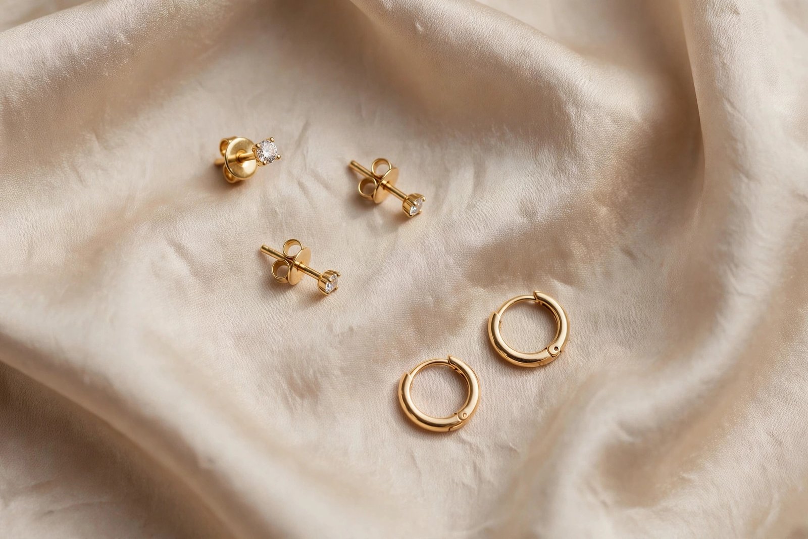Small gold tragus piercing jewelry pieces including flat-back labret studs and tiny seamless hoops