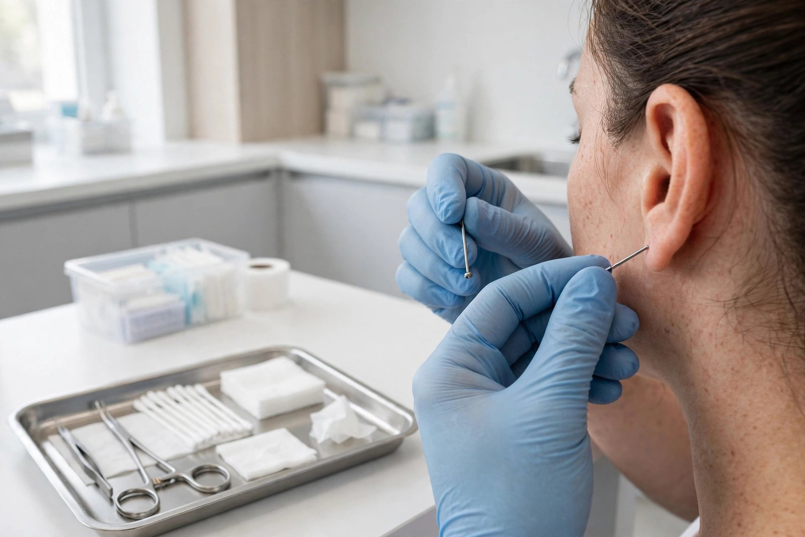 Professional piercer's gloved hands preparing a sterile needle for a tragus piercing in a clean studio