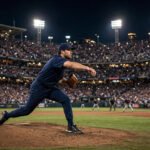 Trevor Rogers pitching motion in a night game — Baltimore Orioles left-handed starter mid-delivery on the mound