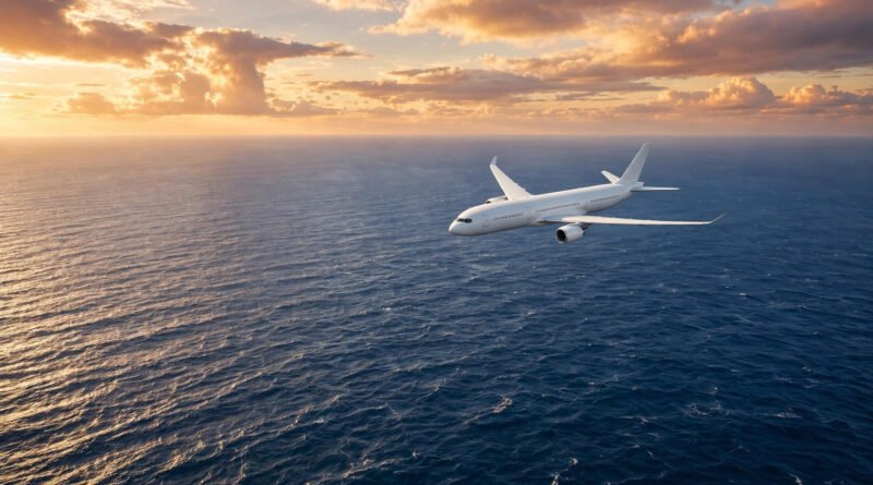 Boeing 767 cruising over the Atlantic Ocean at sunset, illustrating the United Flight UA967 diverted route