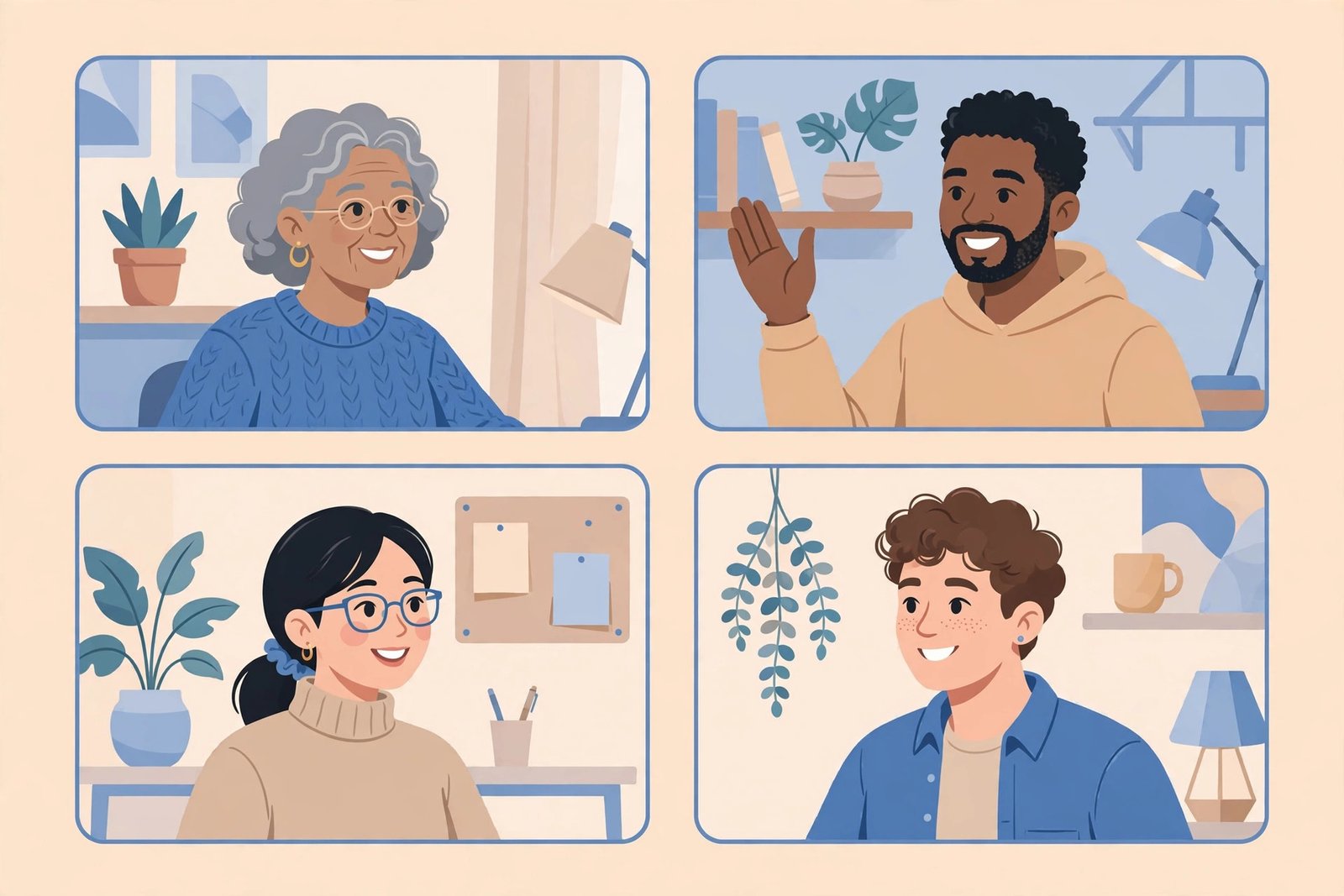 Illustration of a diverse remote team engaged in a friendly video meeting