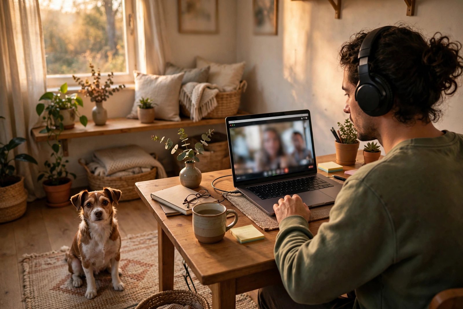 Person on a home video call wearing headphones while a small dog sits patiently nearby