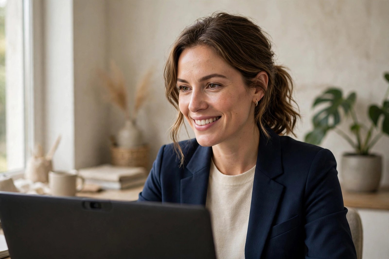 Professional woman on a video call with soft window lighting and camera at eye level