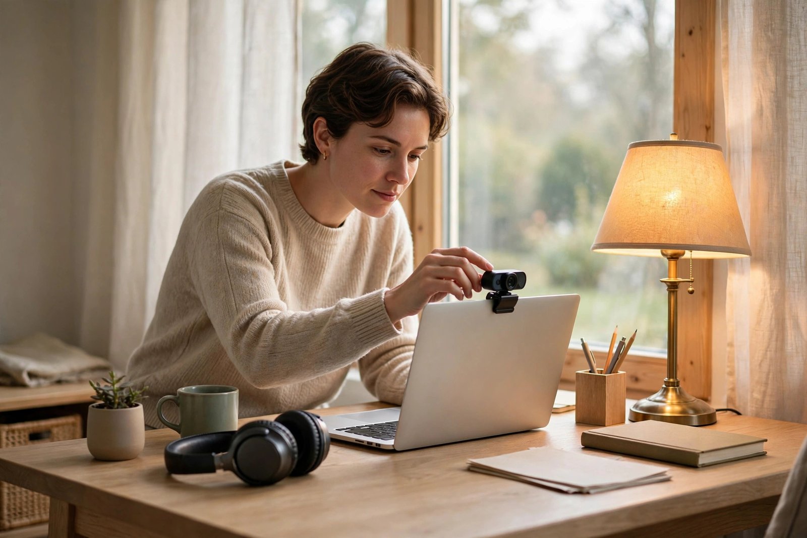 Person testing webcam and audio equipment at a tidy home desk before a video meeting
