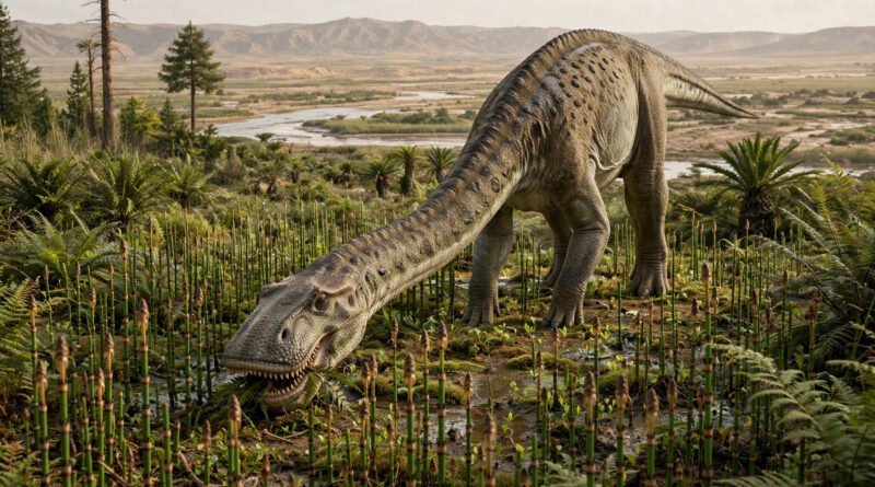 Paleoart illustration of Nigersaurus, the dinosaur with 500 teeth, grazing on ferns in Cretaceous Niger