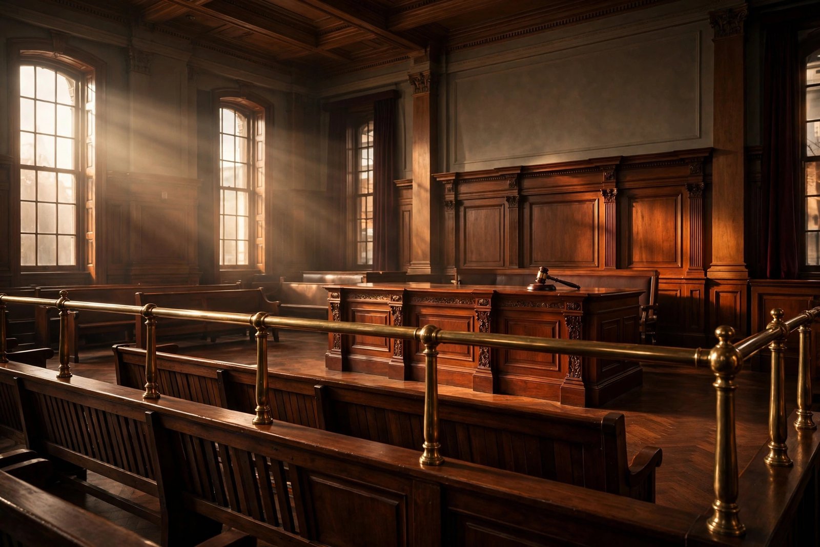 Courtroom with wooden bench and brass bar railing separating the gallery