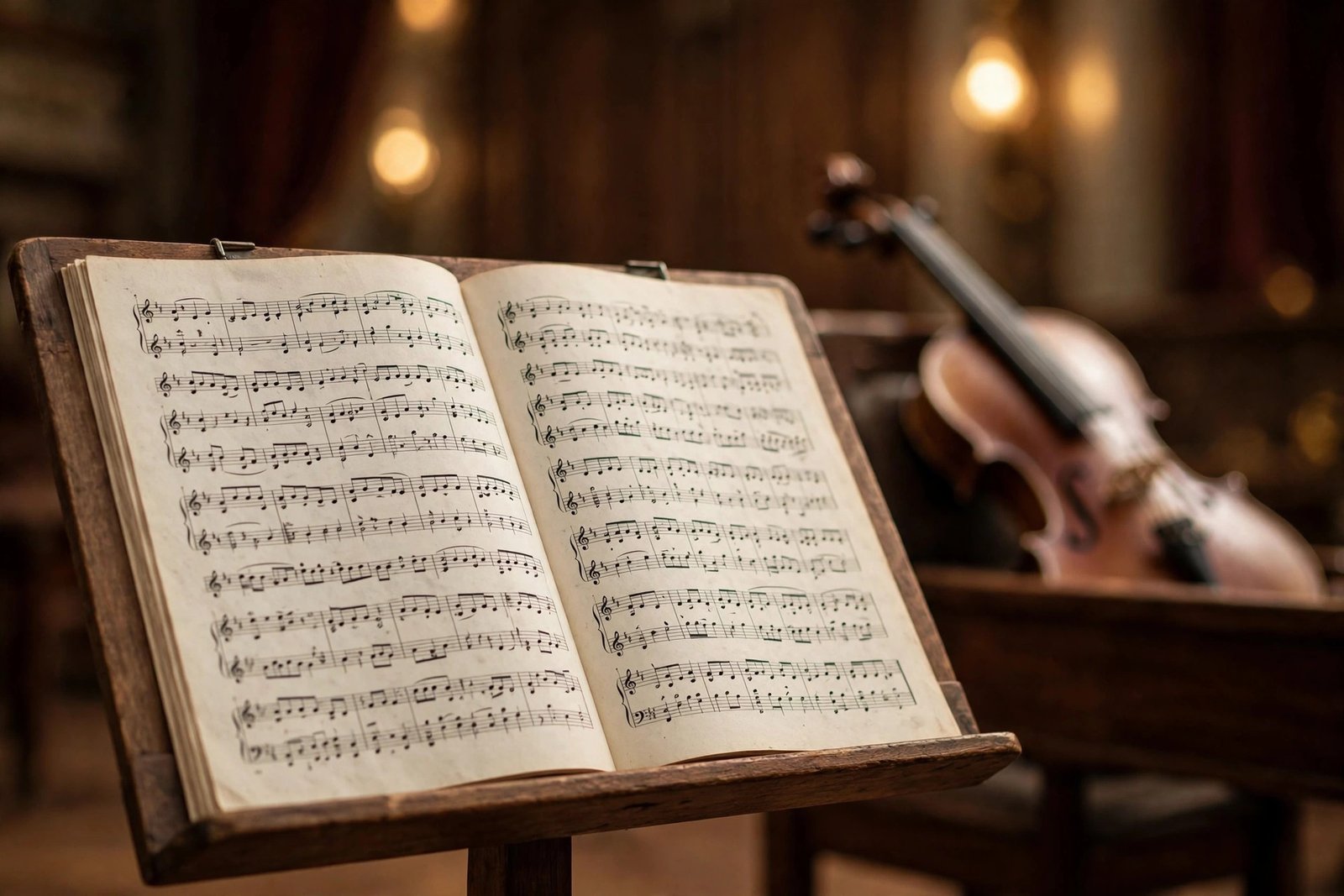 Sheet music score with musical bar lines on a stand