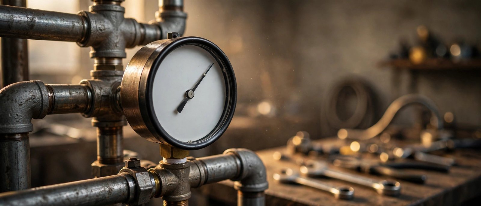 Industrial analog pressure gauge mounted on pipes