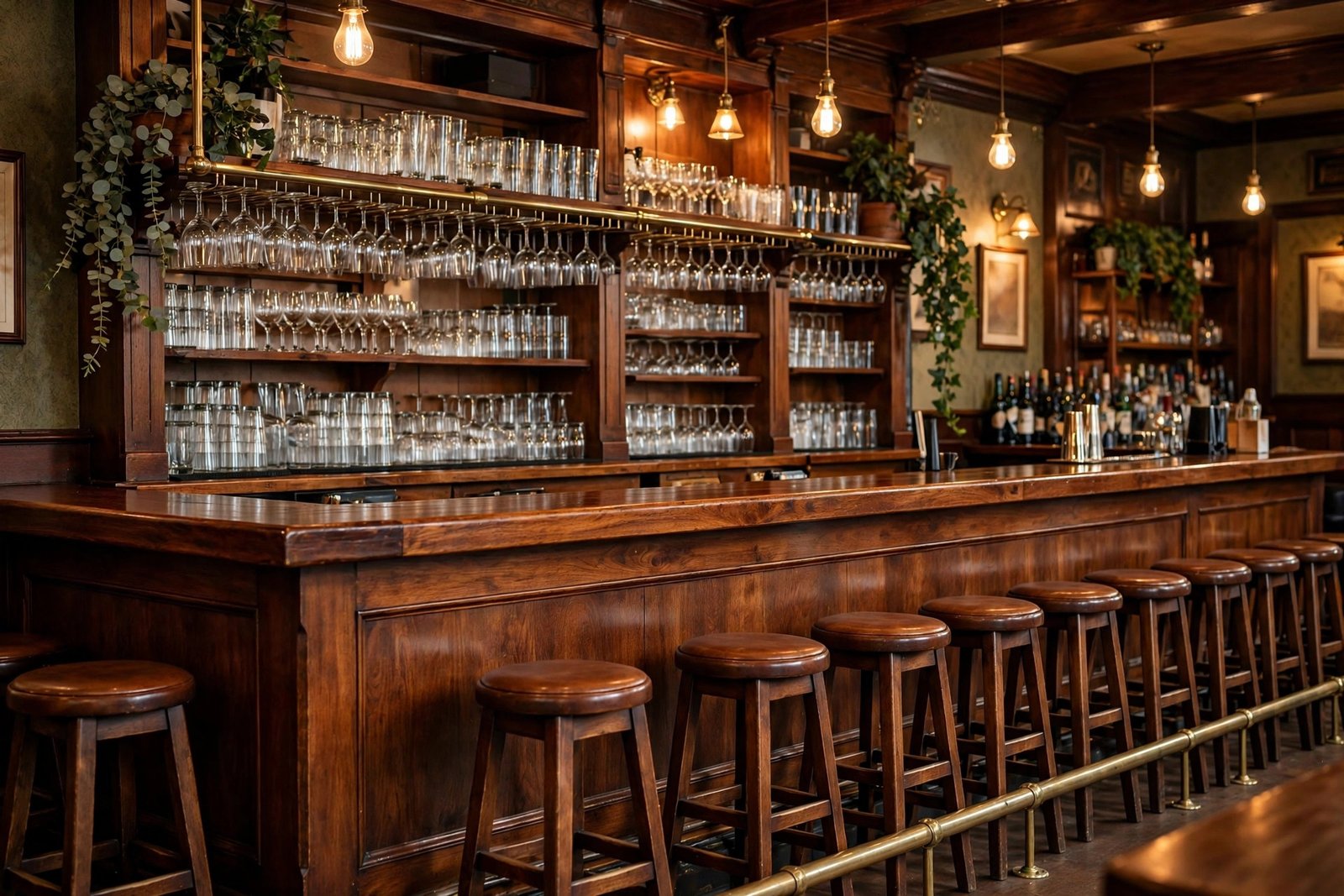 Classic pub bar counter with brass rail and stools