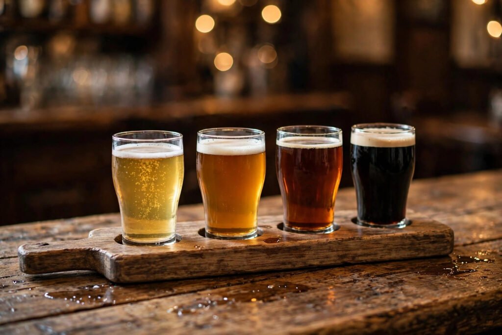 Beer flight of four taster glasses with lager, amber ale, brown ale and stout