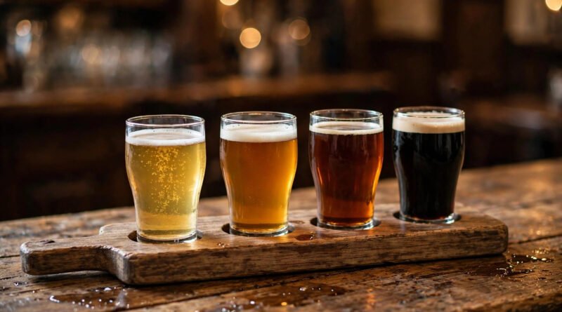 Beer flight of four taster glasses with lager, amber ale, brown ale and stout