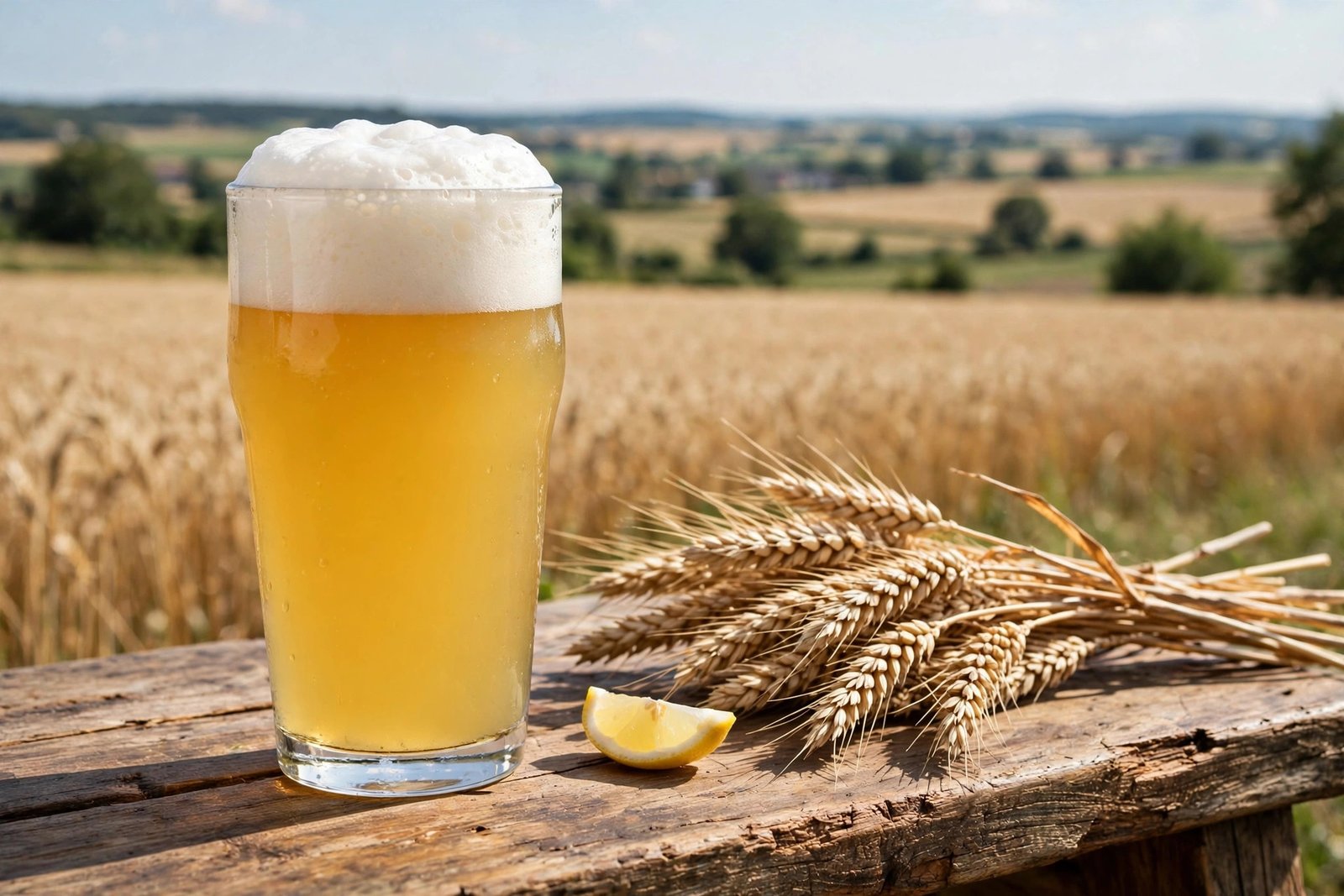 Hazy wheat beer pint with wheat ears and a lemon slice