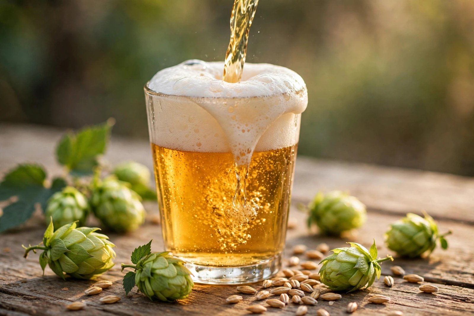 Golden beer being poured into a glass with hops and barley grains