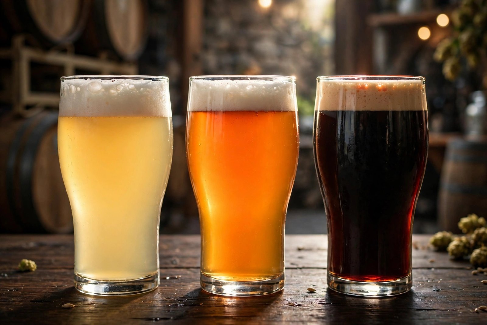 Three full glasses of wheat beer, IPA and stout showing different beer colours