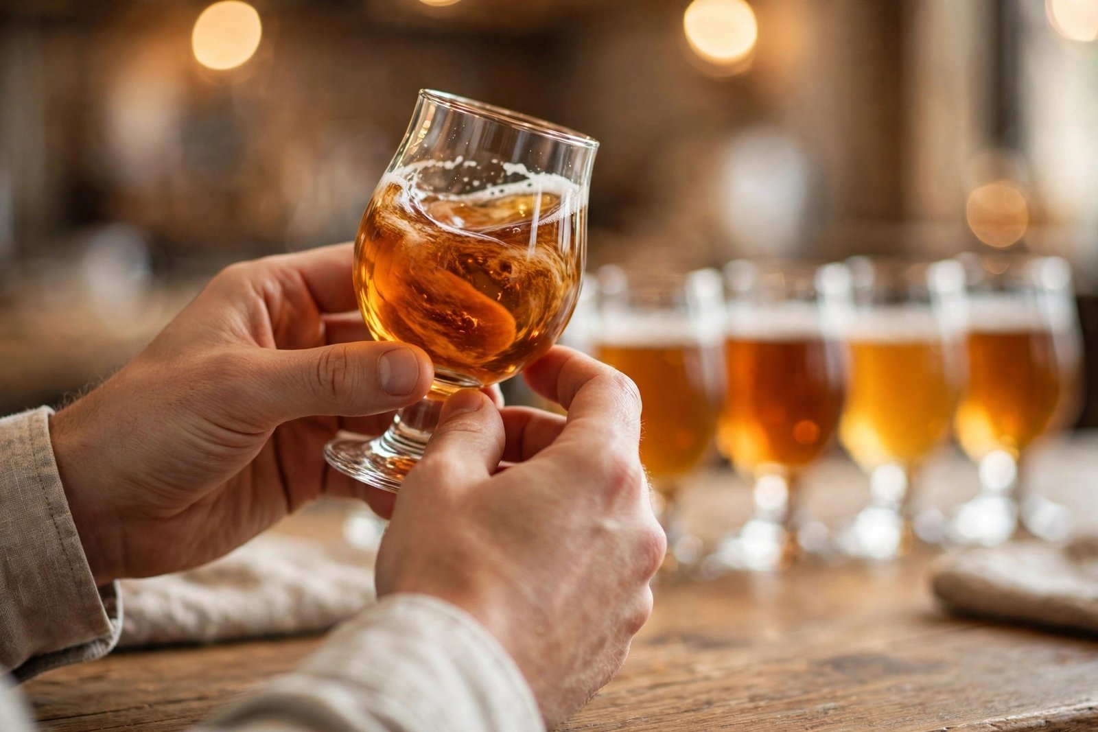 Person swirling and smelling a taster glass of amber beer