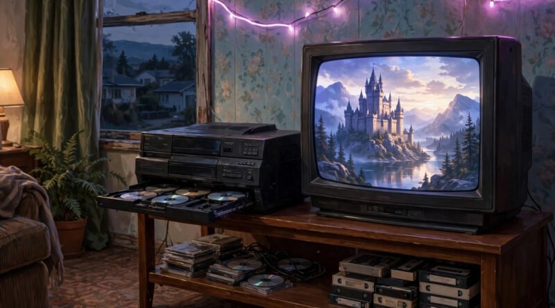 A 1990s living room with a Philips CD-i multimedia console and CRT TV — the system behind the infamous Zelda CD-i games